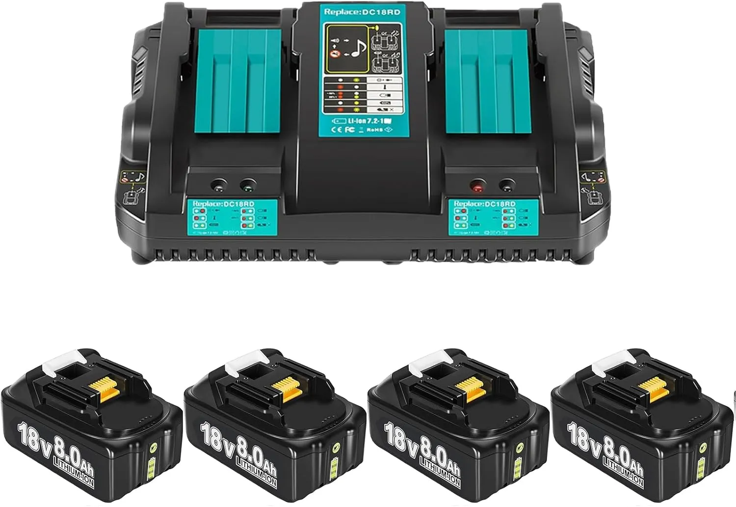 4 X 8.0Ah 18Volt Akkus Ersatzakku für Makita Akku 18V mit Ladegerät DC18RD - Kompatibel mit Makita 18V Akku BL1860 BL18…