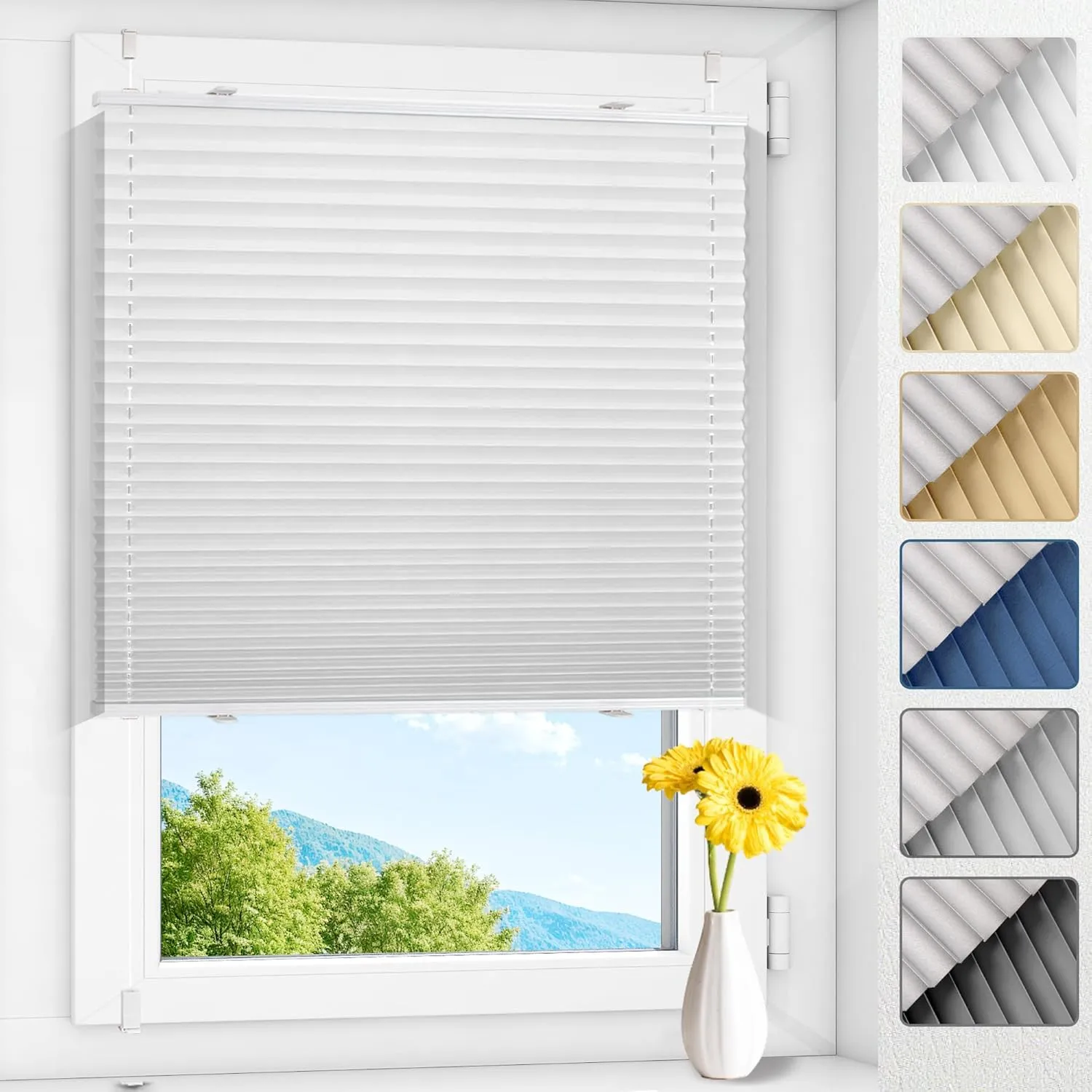 Allesin Pleated Blind, No Drilling, Blackout Klemmfix, Thermal Pleated Blind, White, 105 x 130 cm (W x H), 100% Blackou…