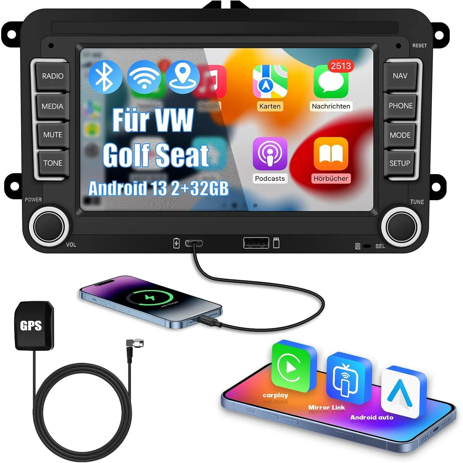 Ledio Bluetooth Autoradio mit Bildschirm für VW Golf 5 6 T5 Polo 6r Caddy Passat Touran Seat, Auto Radio mit Navi WLAN …