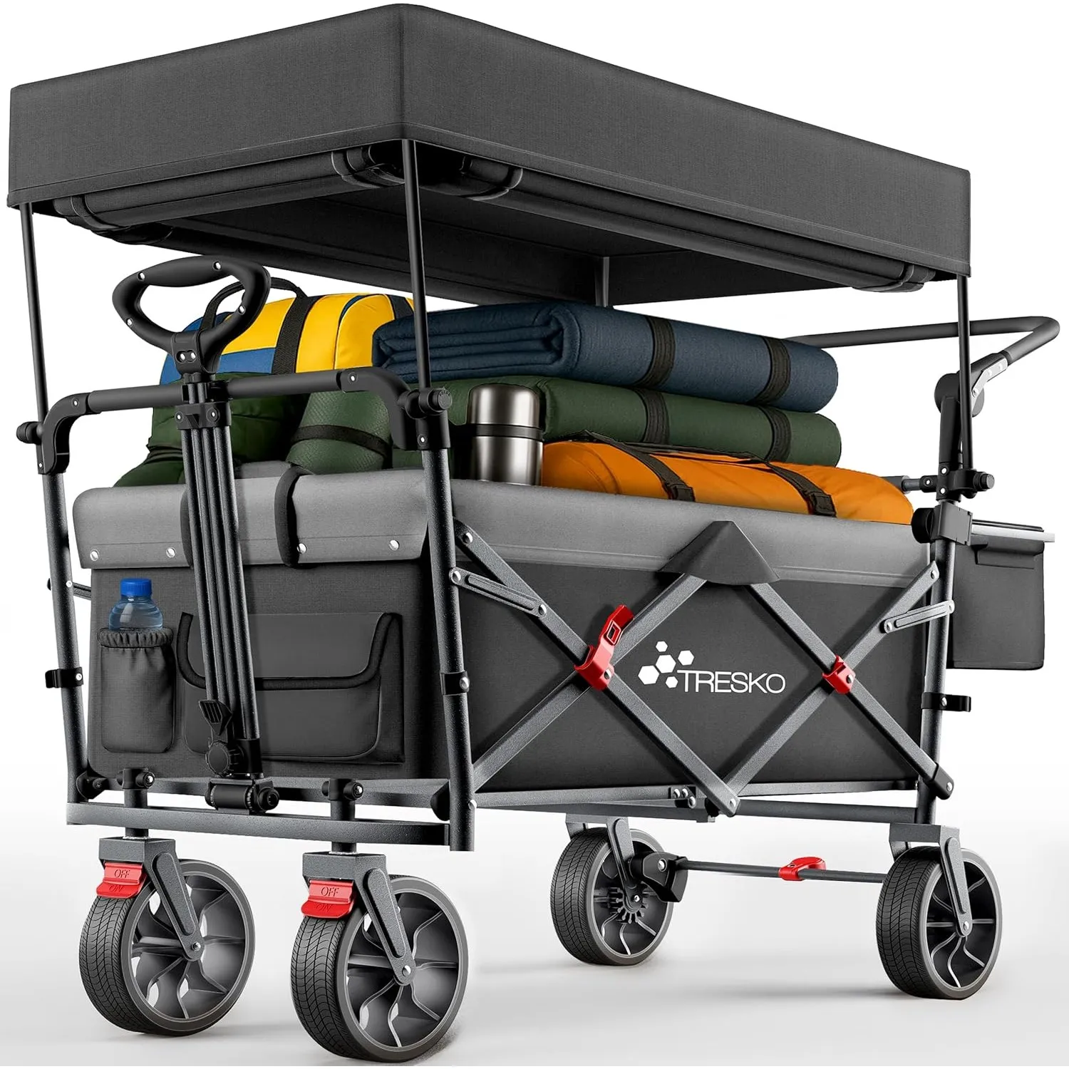 TRESKO® Bollerwagen Faltbar mit Dach, Kühlfach & Seitenrollos bis 150kg | Handwagen mit Vollgummireifen, Feststellbrems…