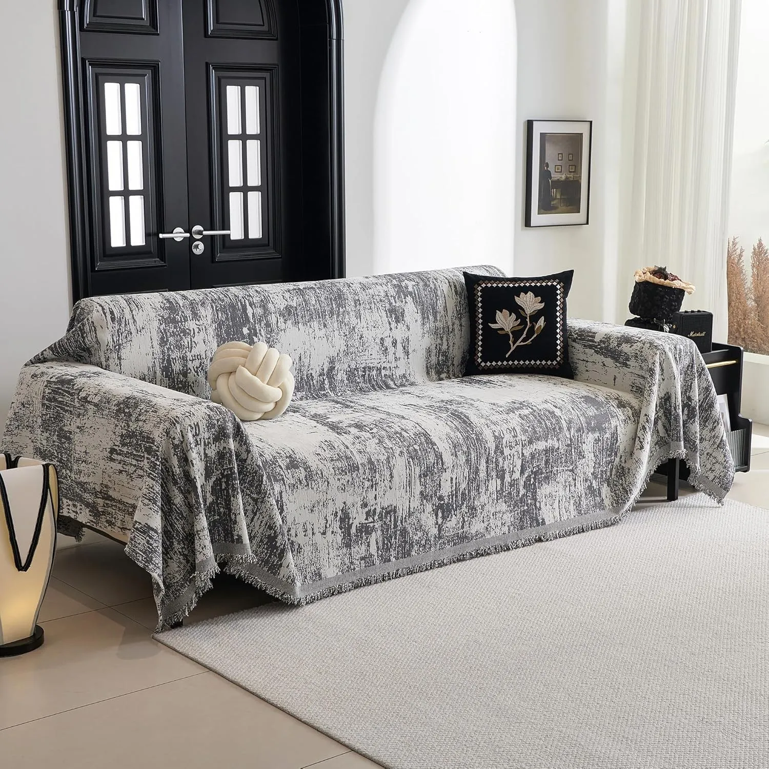 MYSKY HOME Jacquard Sofa Überzug L Form - Sofabezug 3 Sitzer, Sofaüberwurf XXL Waschbar mit Deko Quasten, Vielseitige S…