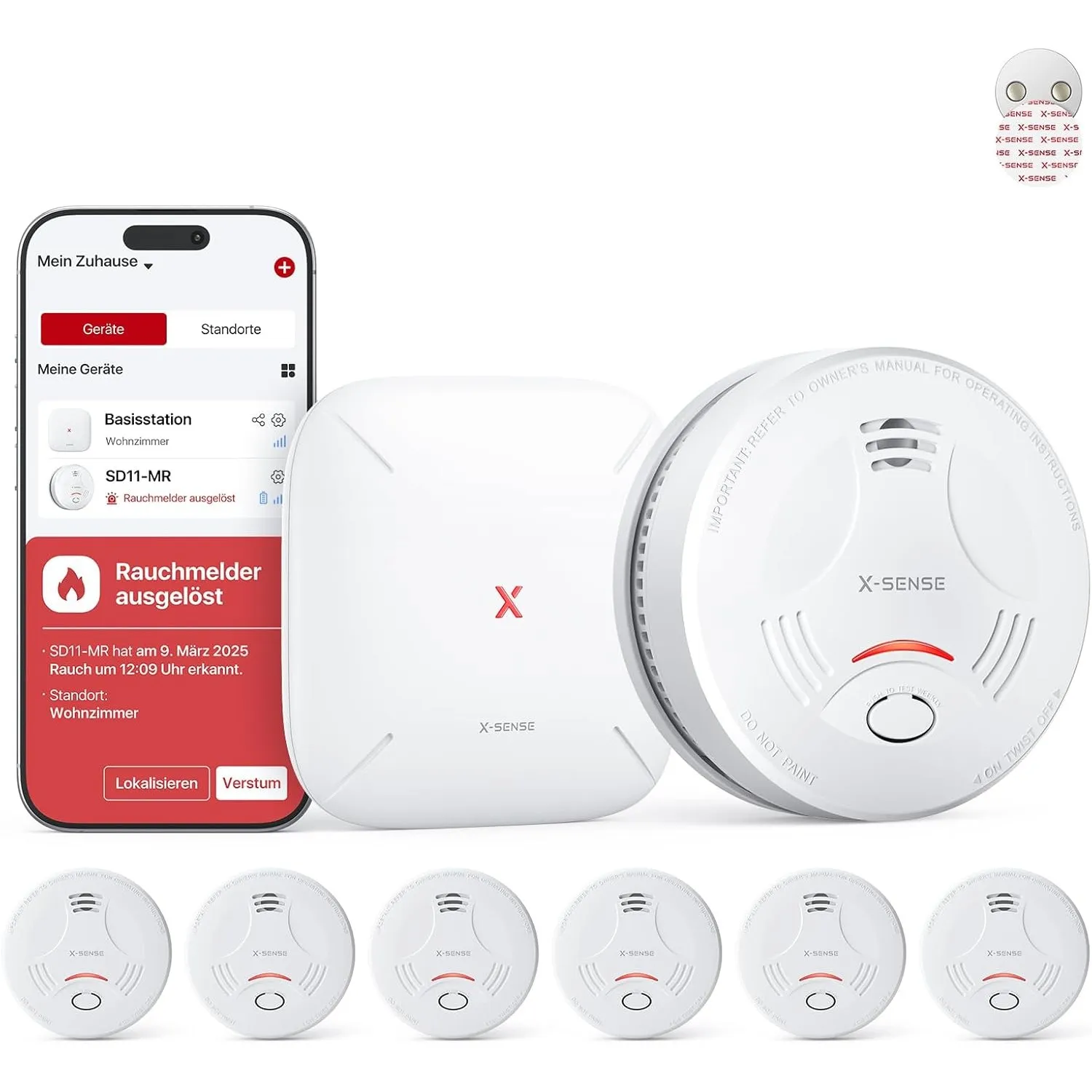 X-Sense Smart Rauchmelder mit SBS50-Basisstation, SD11-MR61, 6 Stück | EN 14604 zertifiziert; Magnethalterung; Funkvern…