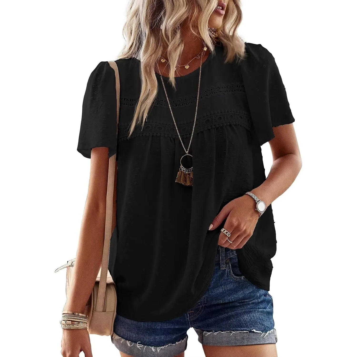 Top Damen Sommer Boho Bluse Kurzarm Oberteile Elegant Rundhals | Swiss Dot T Shirt, Süß Casual Tunika, Lässig Fließend …