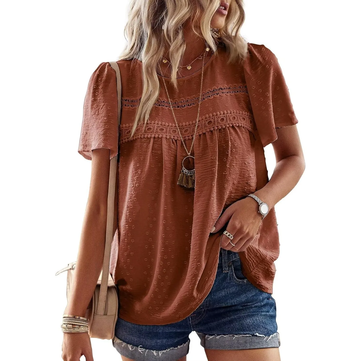 Top Damen Sommer Boho Bluse Kurzarm Oberteile Elegant Rundhals | Swiss Dot T Shirt, Süß Casual Tunika, Lässig Fließend …