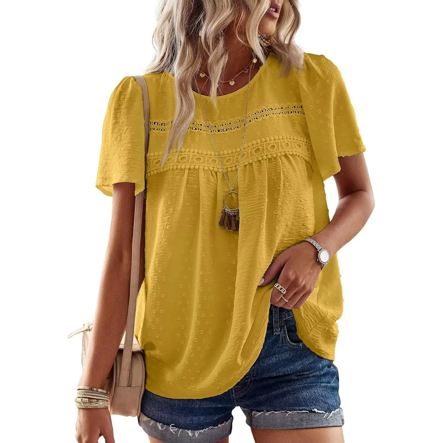 Top Damen Sommer Boho Bluse Kurzarm Oberteile Fließend Elegant Rundhals T Shirt Tunika Lässig Outfits Spitze Kleidung