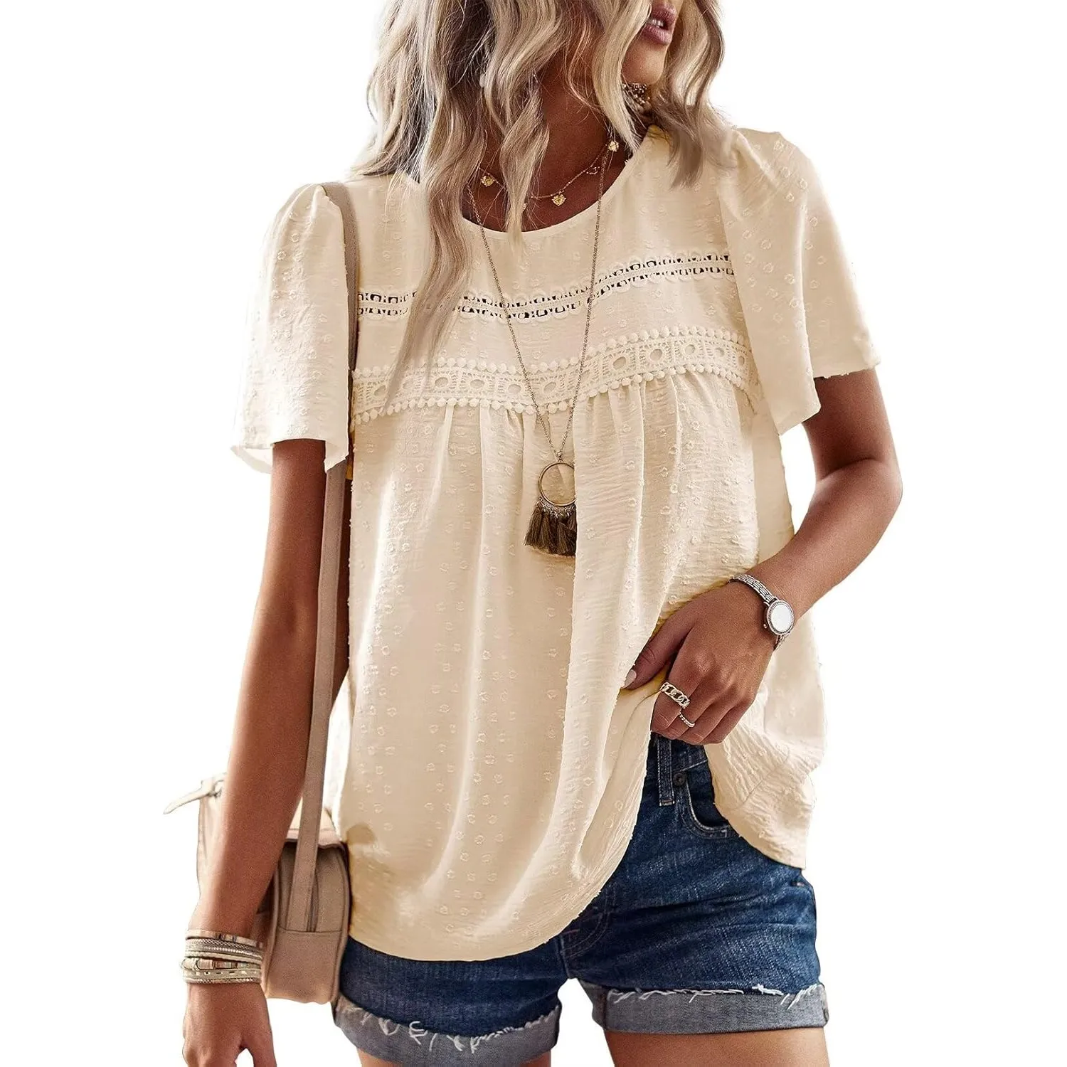 Top Damen Sommer Boho Bluse Kurzarm Oberteile Elegant Rundhals | Swiss Dot T Shirt, Süß Casual Tunika, Lässig Fließend …