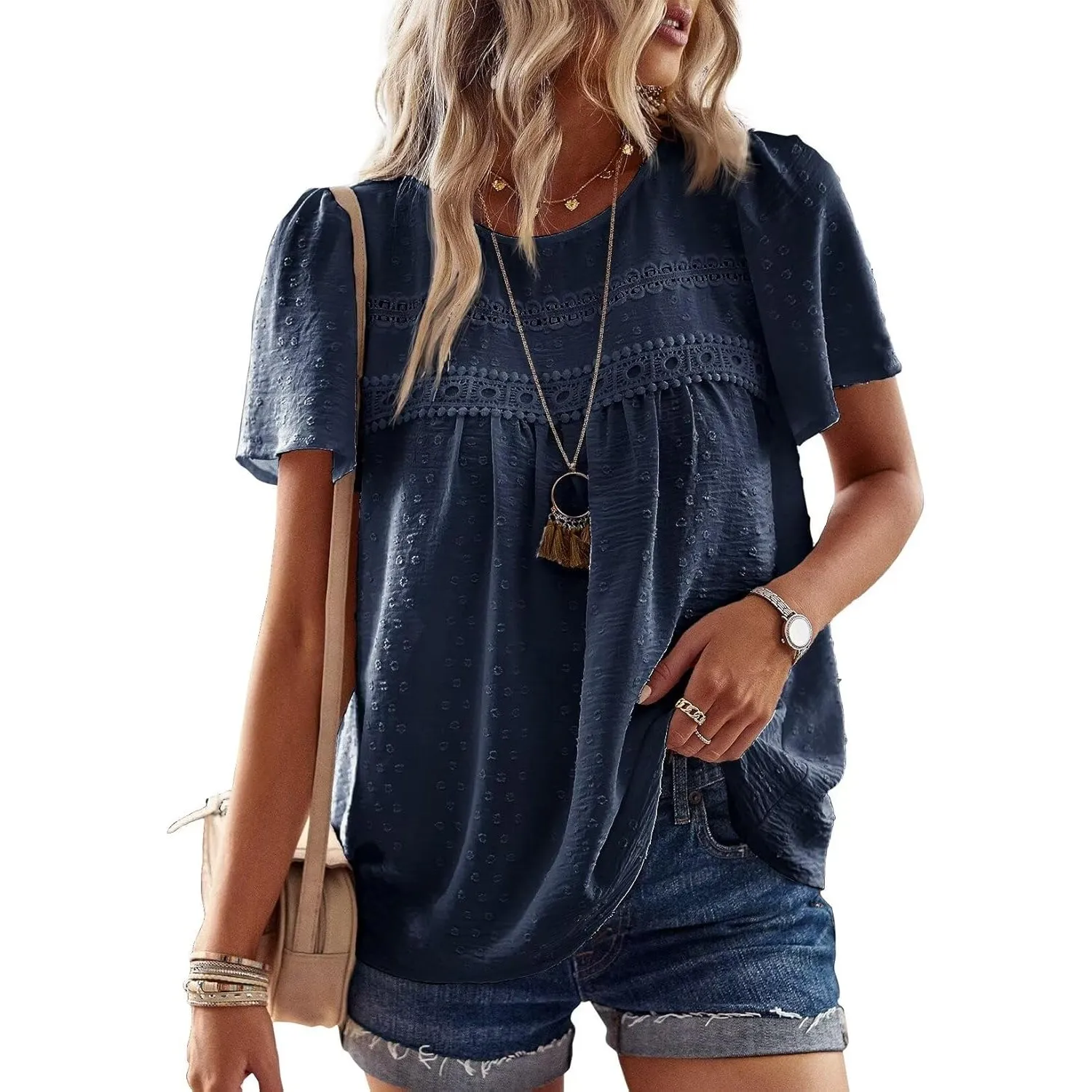 Top Damen Sommer Boho Bluse Kurzarm Oberteile Elegant Rundhals | Swiss Dot T Shirt, Süß Casual Tunika, Lässig Fließend …