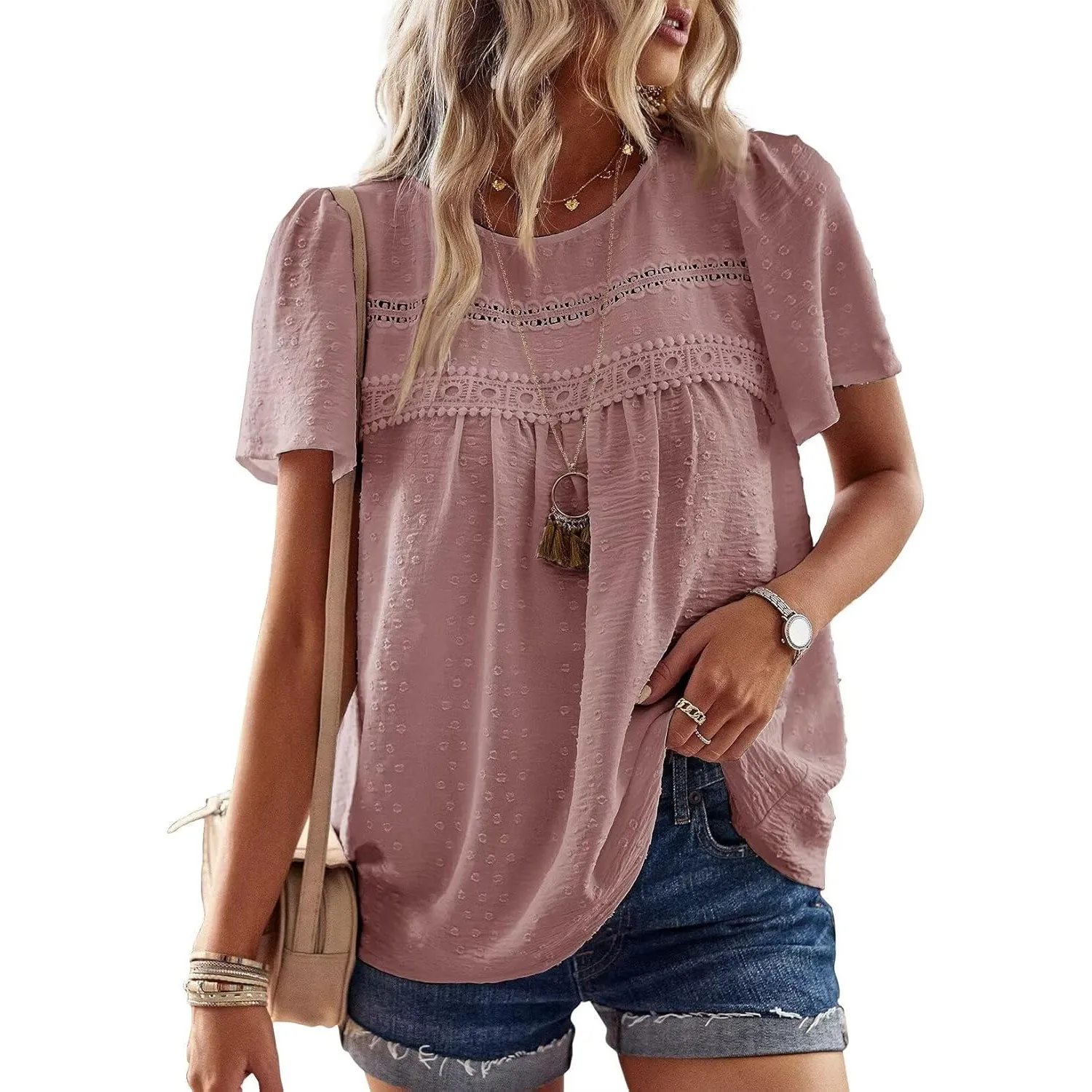 Top Damen Sommer Boho Bluse Kurzarm Oberteile Fließend Elegant Rundhals T Shirt Tunika Lässig Outfits Spitze Kleidung
