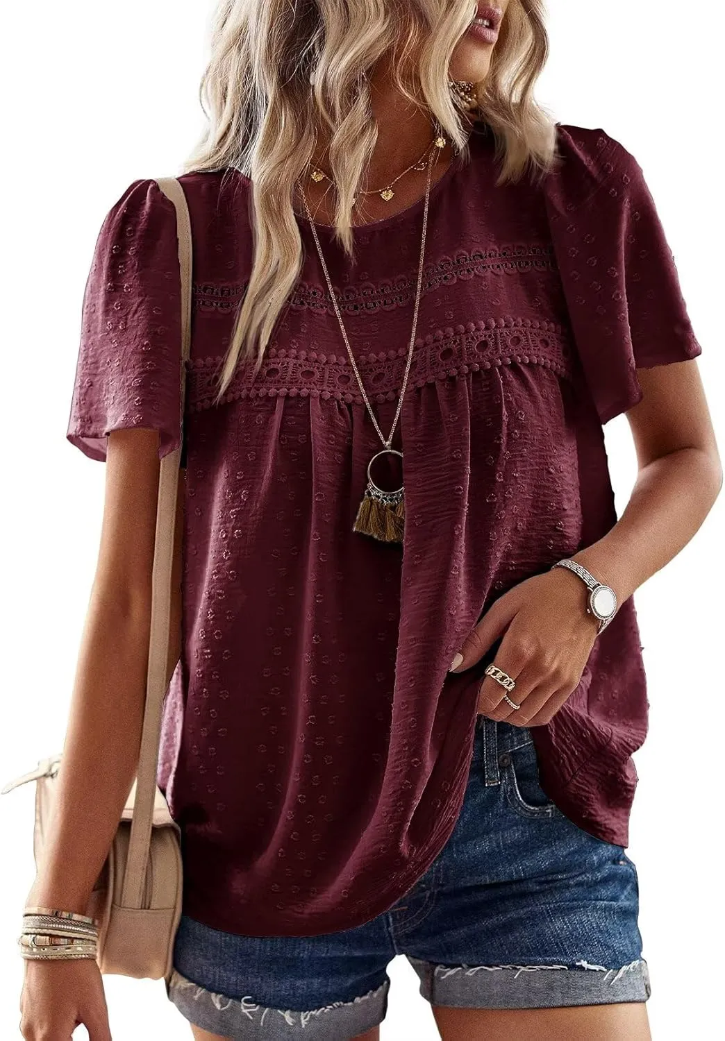 Top Women's Summer Boho Blouse Short Sleeve Tops Flowing Elegant Crew Neck T-Shirt Tunic Casual Outfits Lace Clothing