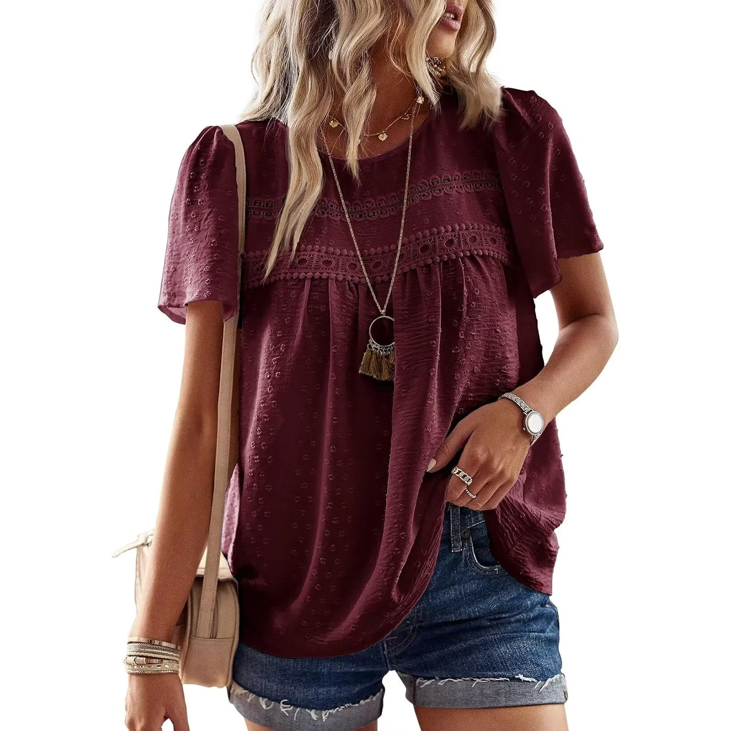 Top Damen Sommer Boho Bluse Kurzarm Oberteile Elegant Rundhals | Swiss Dot T Shirt, Süß Casual Tunika, Lässig Fließend …