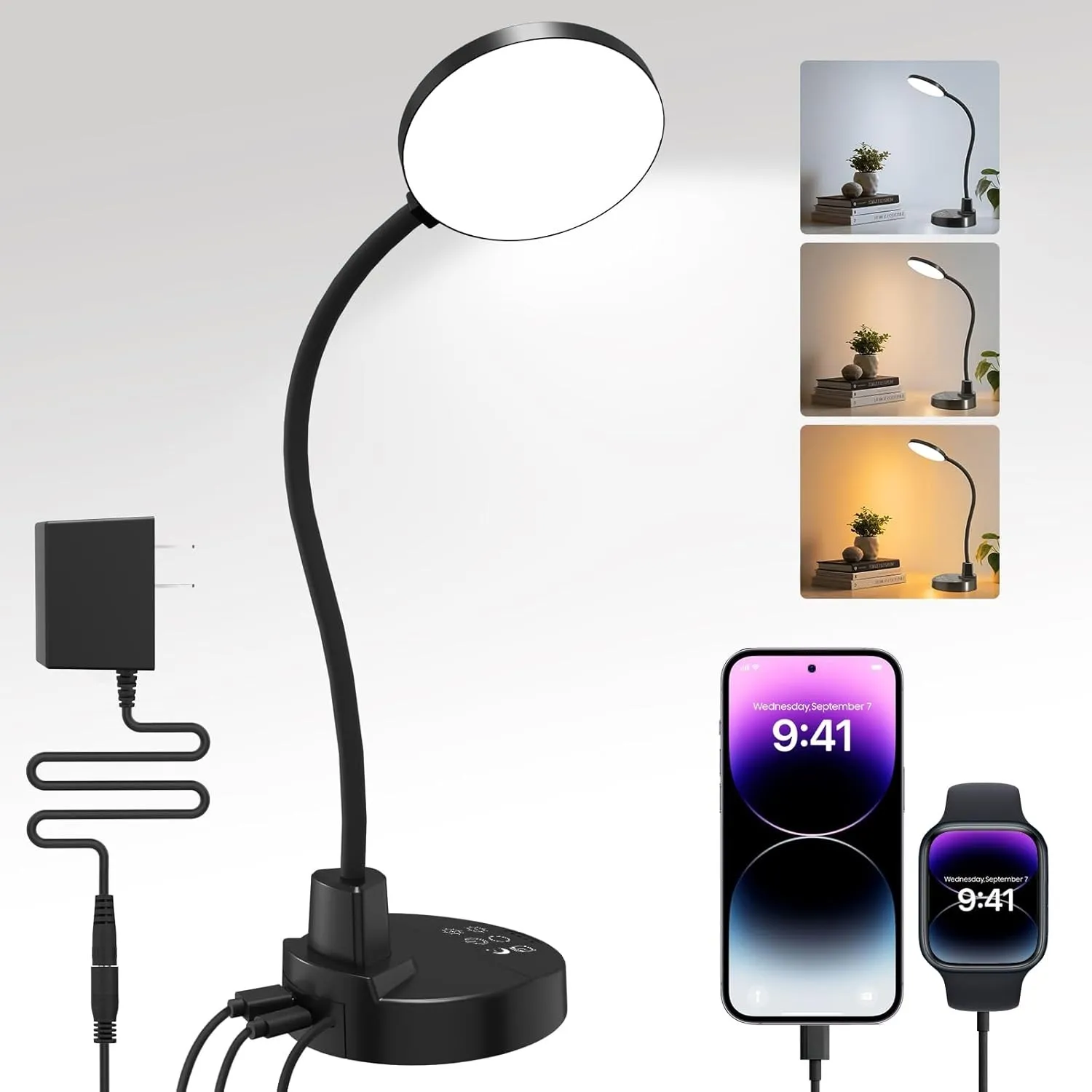15W LED Schreibtischlampe mit USB-A & USB-C – Dimmbar, 3 Farbtemperaturen, 5 Helligkeitsstufen, 4 Timer, Flexibler 360°…
