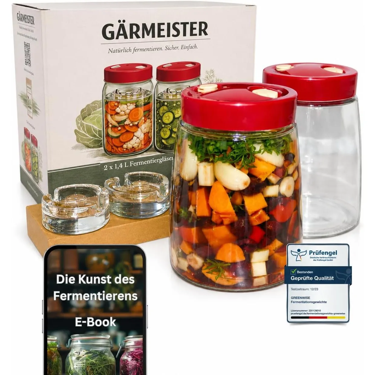 Fermentierglas Set 2er – je 1,4 L mit Gärventil & Deckel – inkl. 2 Fermentiergewichte – Einmachgläser zum Fermentieren …