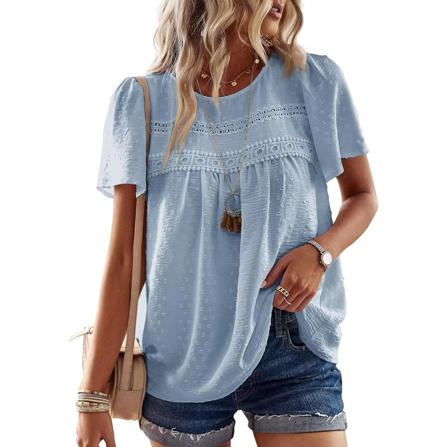 Top Damen Sommer Boho Bluse Kurzarm Oberteile Fließend Elegant Rundhals T Shirt Tunika Lässig Outfits Spitze Kleidung