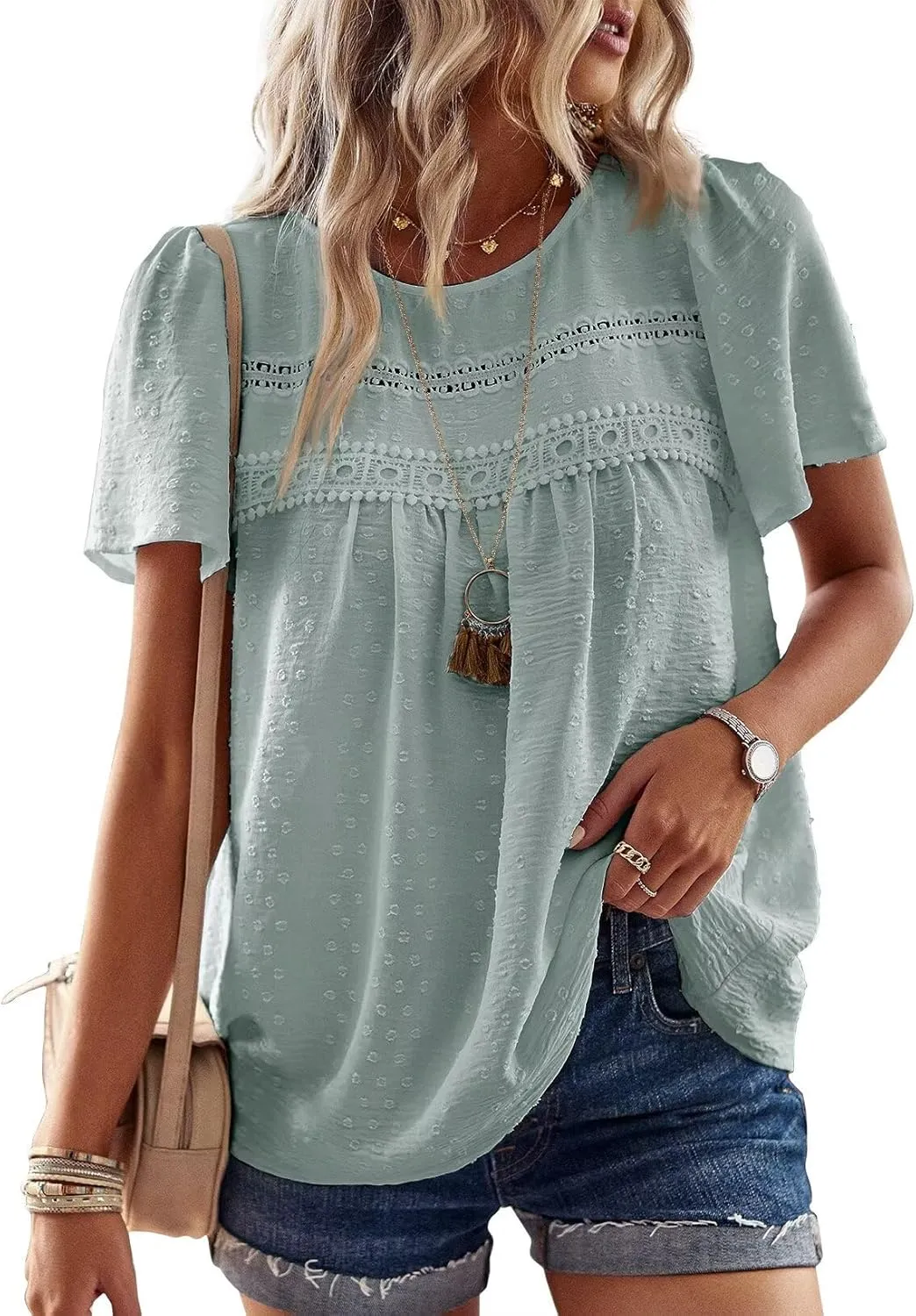 Top Women's Summer Boho Blouse Short Sleeve Tops Flowing Elegant Crew Neck T-Shirt Tunic Casual Outfits Lace Clothing