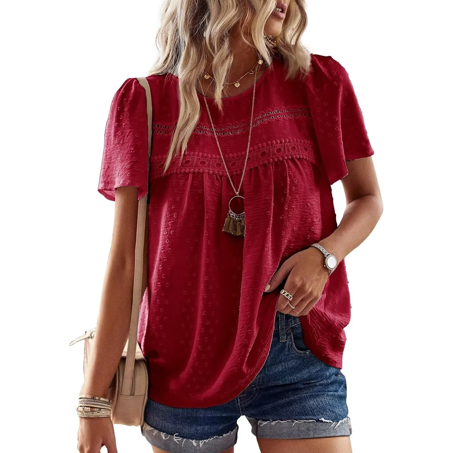 Top Damen Sommer Boho Bluse Kurzarm Oberteile Elegant Rundhals | Swiss Dot T Shirt, Süß Casual Tunika, Lässig Fließend …