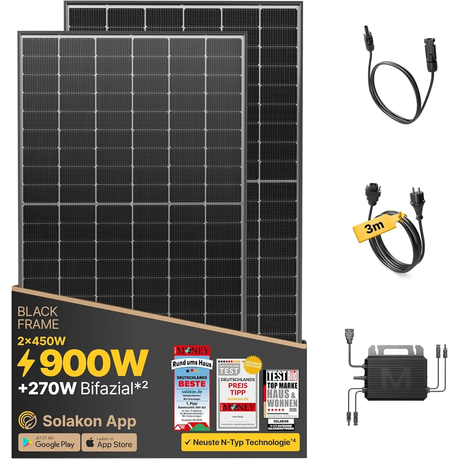 Solakon® 900W Balkonkraftwerk - Balkonkraftwerk 800W komplett Steckdose - neuester 800 Watt Wechselrichter - Solaranlag…