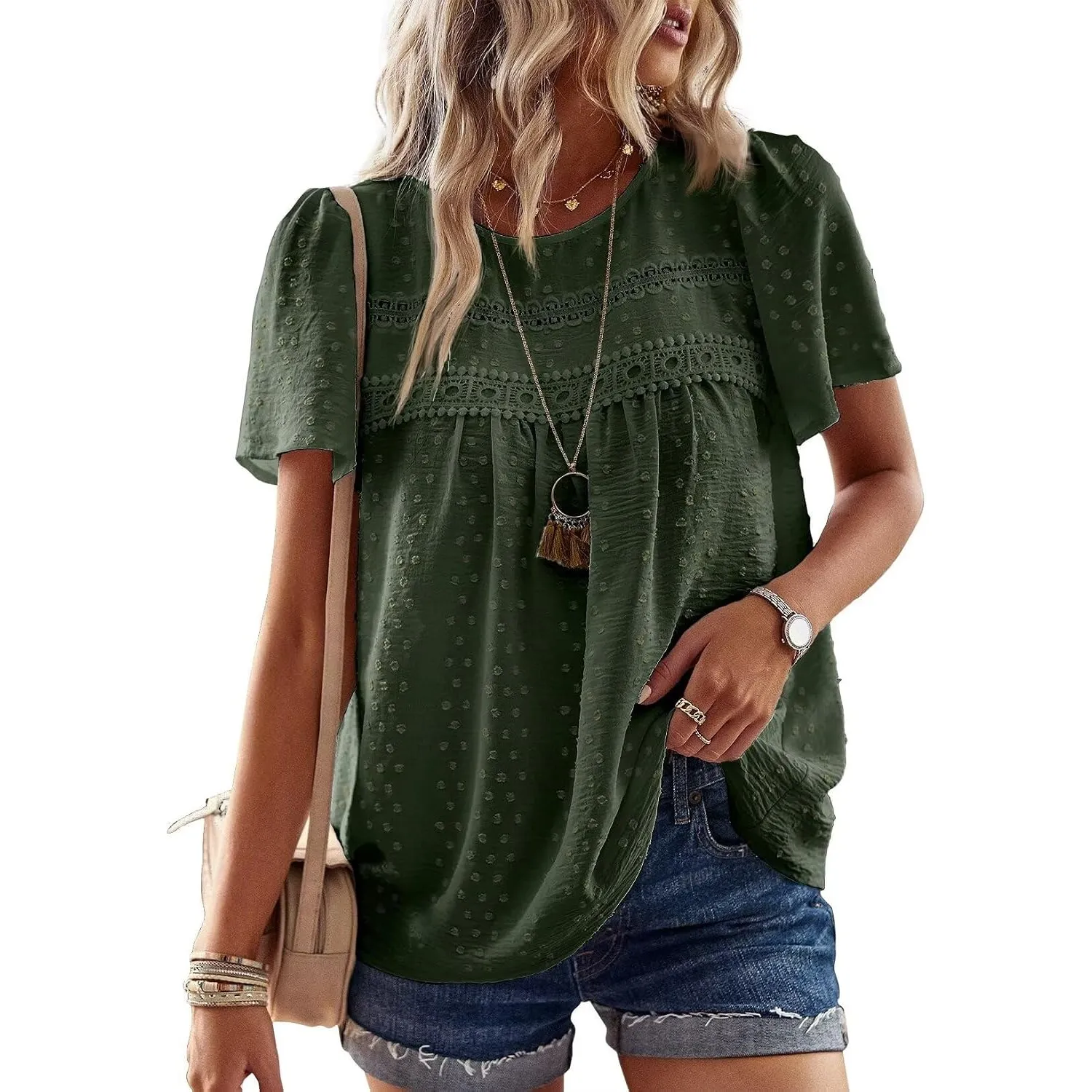 Top Damen Sommer Boho Bluse Kurzarm Oberteile Elegant Rundhals | Swiss Dot T Shirt, Süß Casual Tunika, Lässig Fließend …
