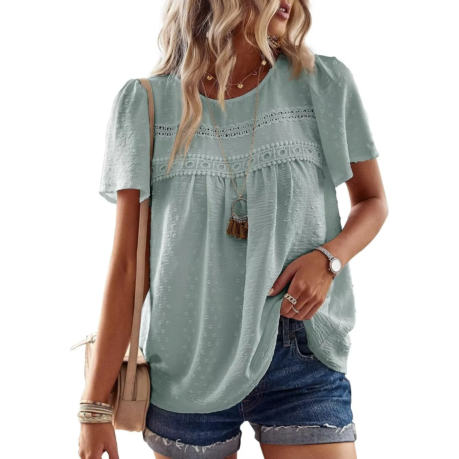 Top Damen Sommer Boho Bluse Kurzarm Oberteile Elegant Rundhals | Swiss Dot T Shirt, Süß Casual Tunika, Lässig Fließend …