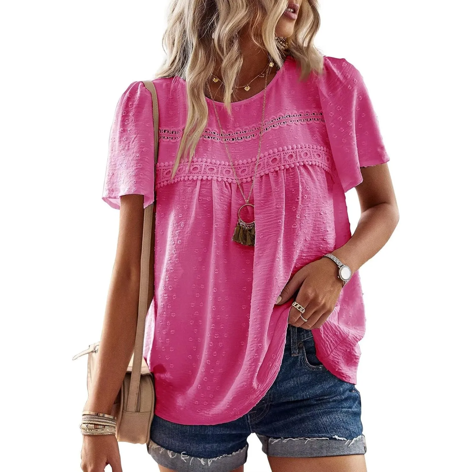 Top Damen Sommer Boho Bluse Kurzarm Oberteile Fließend Elegant Rundhals T Shirt Tunika Lässig Outfits Spitze Kleidung