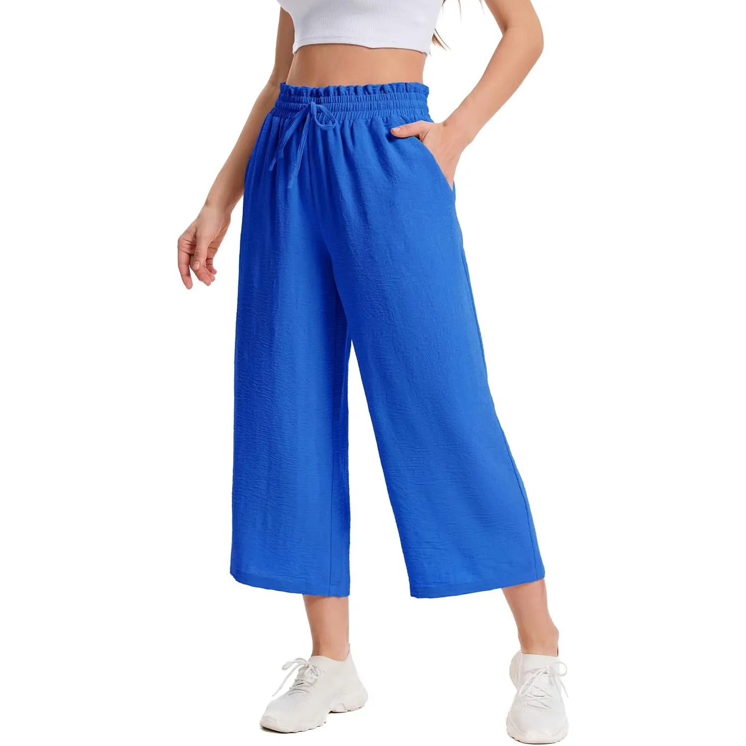 Damen 3/4 Culotte Hose Leichte Sommerhose mit Taschen | Atmungsaktives Stoff Caprihose für Damen