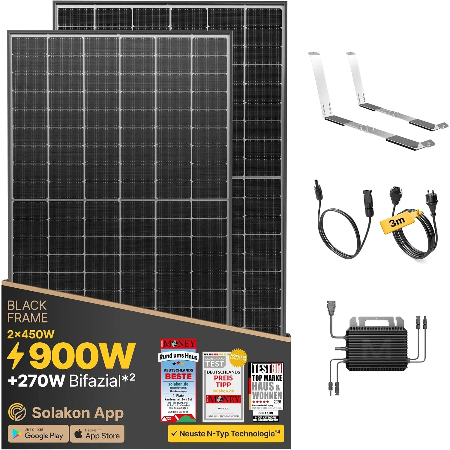 Solakon 900W Balkonkraftwerk mit Halterung (Flachdach) - Balkonkraftwerk 800W komplett Steckdose - 800 Watt Wechselrich…