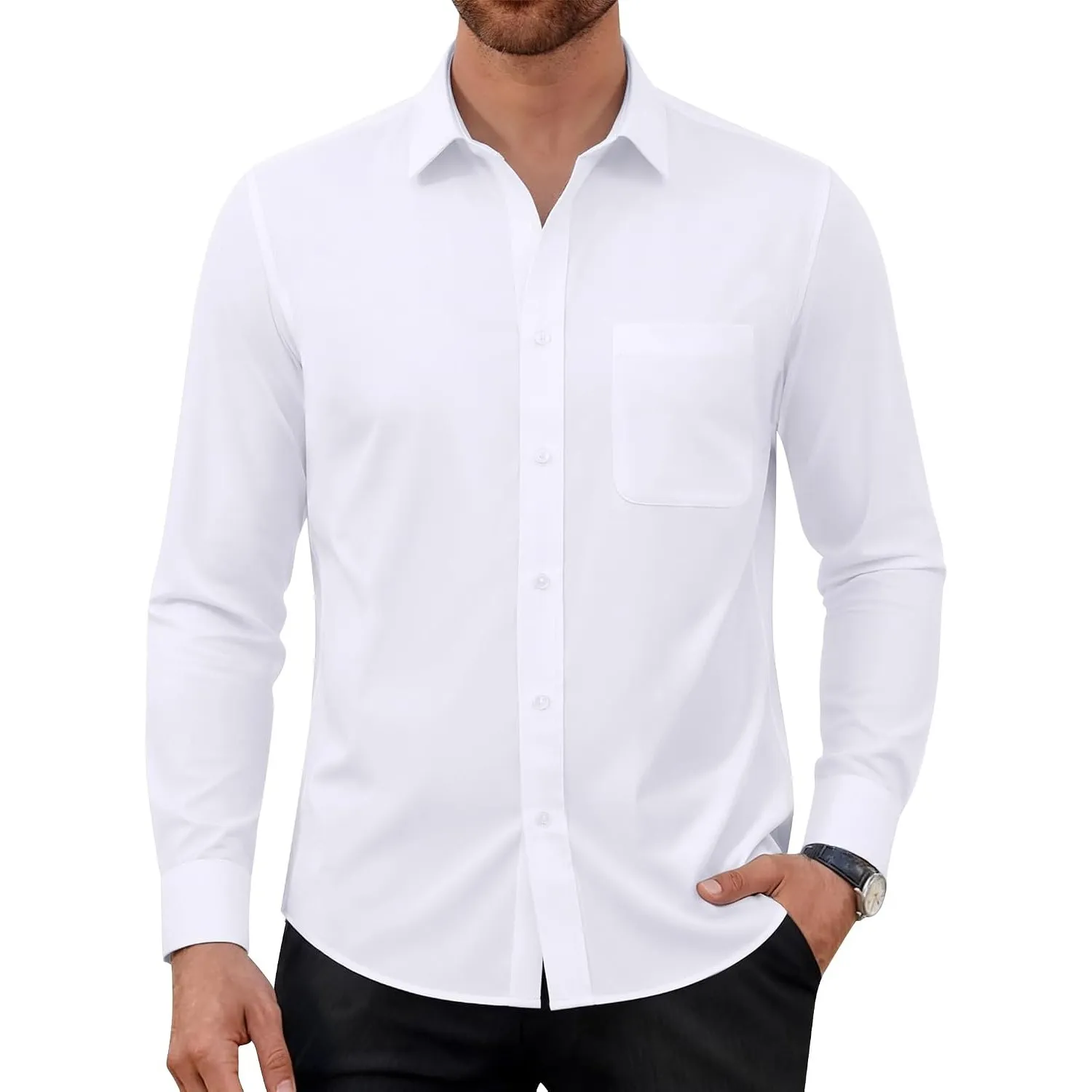Hemd Herren Stretch Langarm Businesshemd Bügelfrei Freizeithemd mit Tasche