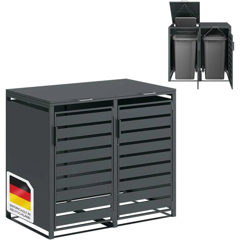 STEELSØN Kestra Mülltonnenbox 2er bis 240L, Anthrazit, Stahl, UV-beständig | Mülltonnenverkleidung mit Sichtstreifen, h…