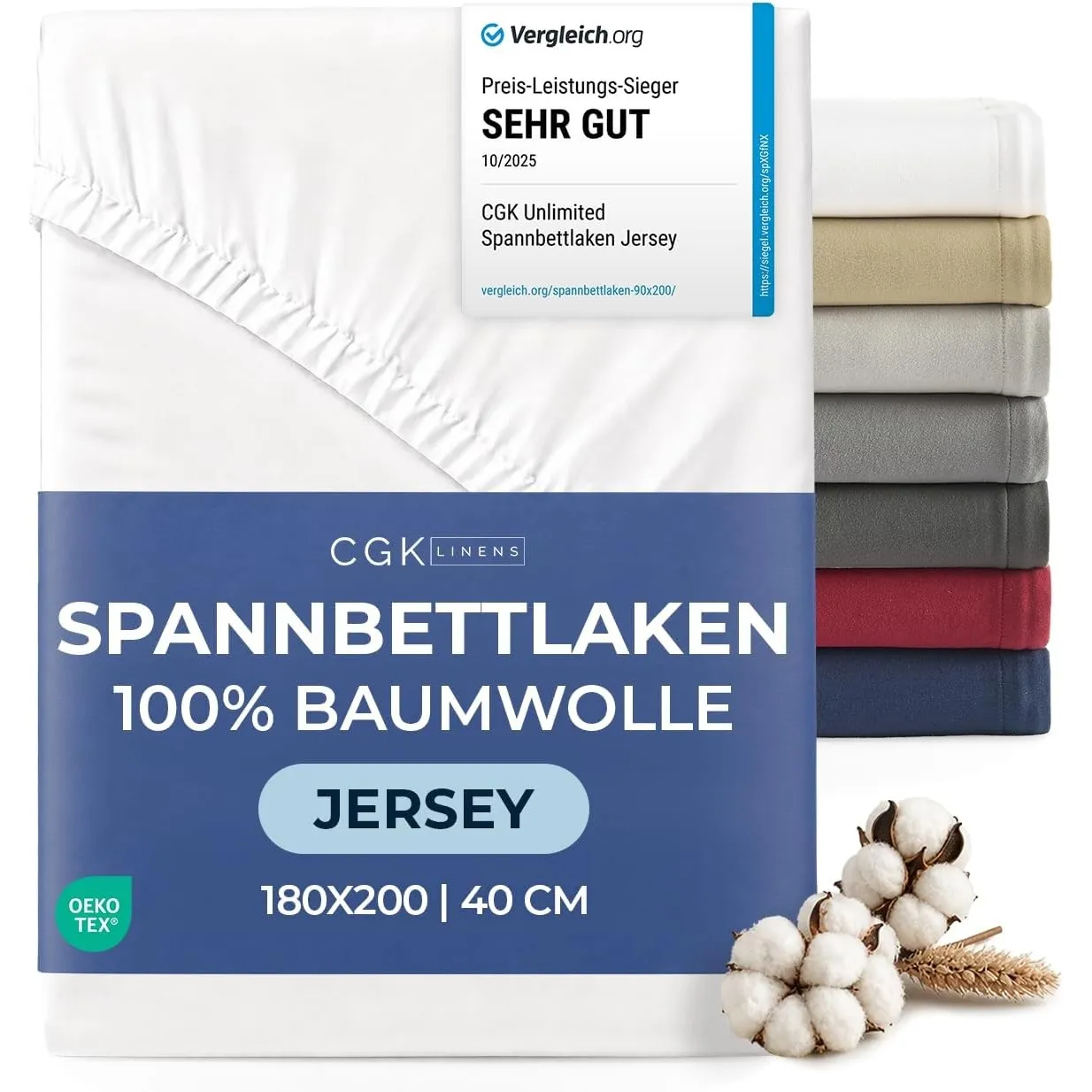 Spannbettlaken Jersey 180x200 - Baumwolle Boxspringbett 40cm tief - Weiß