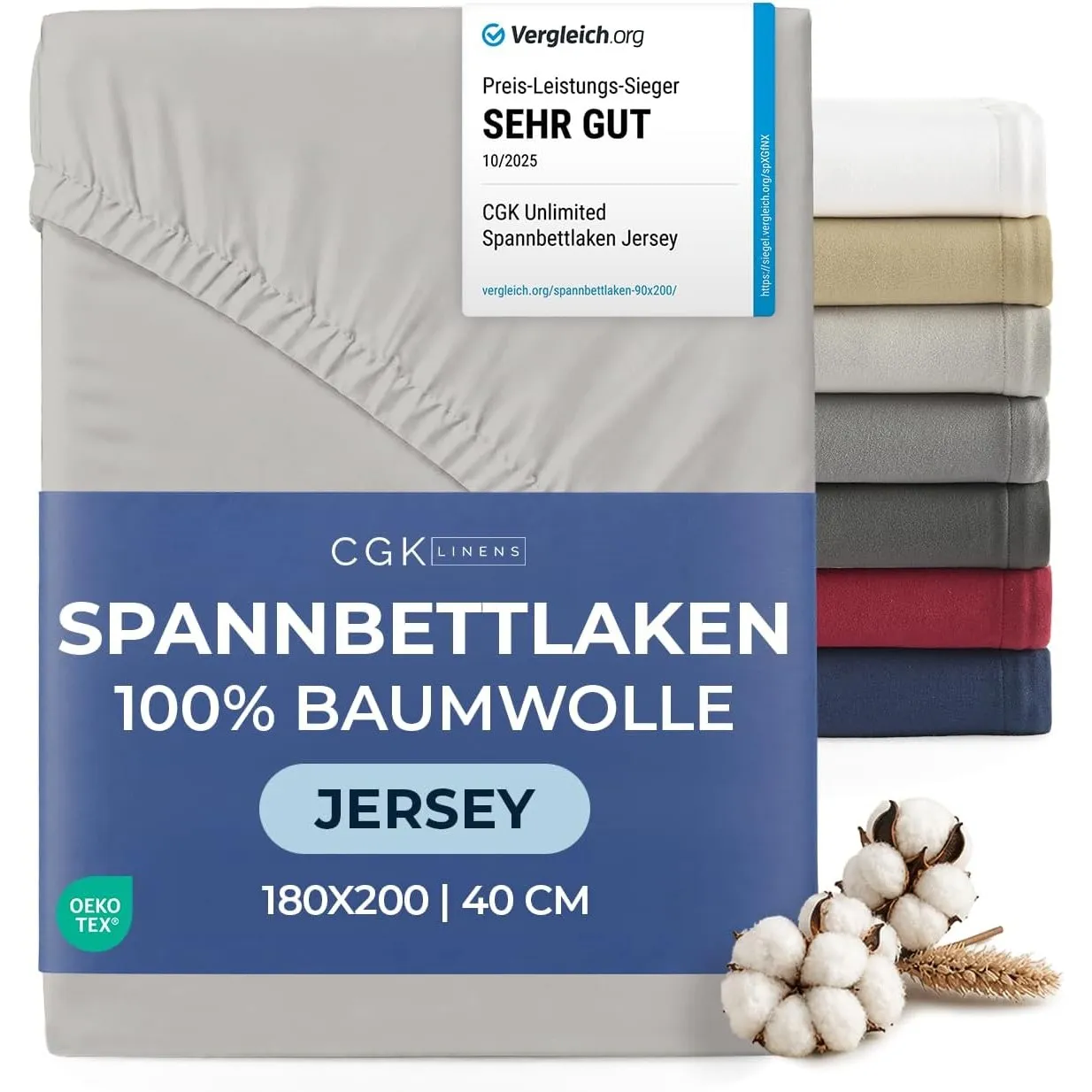 Spannbettlaken Jersey 180x200 - Baumwolle Boxspringbett 40cm - Hellgrau