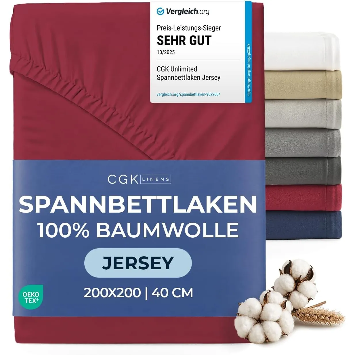 Spannbettlaken Jersey 200x200 - Baumwolle Boxspringbett 40cm - Bordeaux