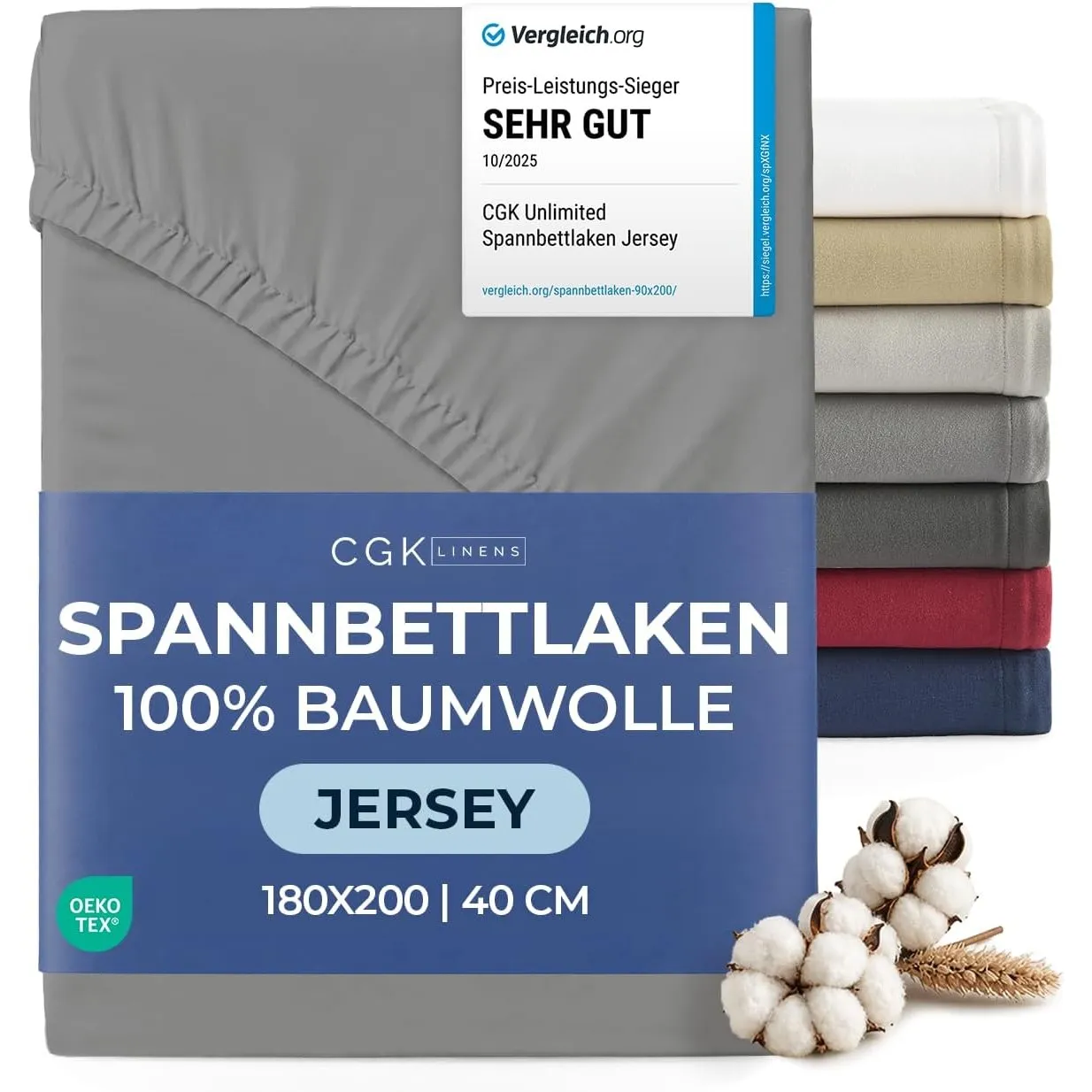 Spannbettlaken Jersey 180x200 - Baumwolle Boxspringbett 40cm - Dunkelgrau