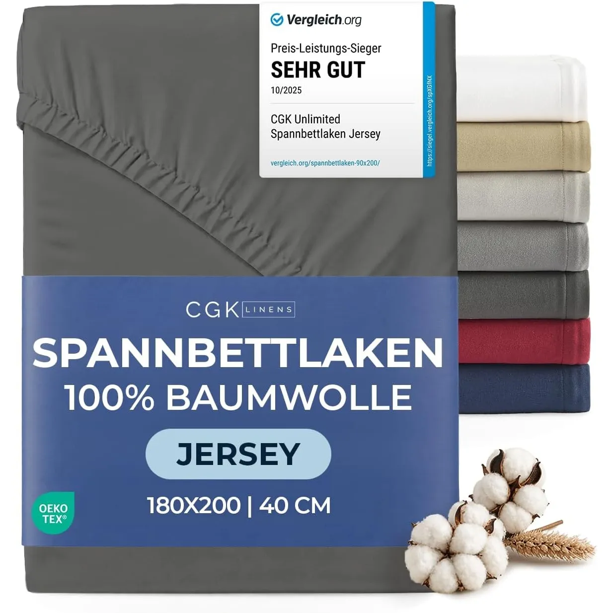 Spannbettlaken Jersey 180x200 - Baumwolle Boxspringbett 40cm - Anthrazit