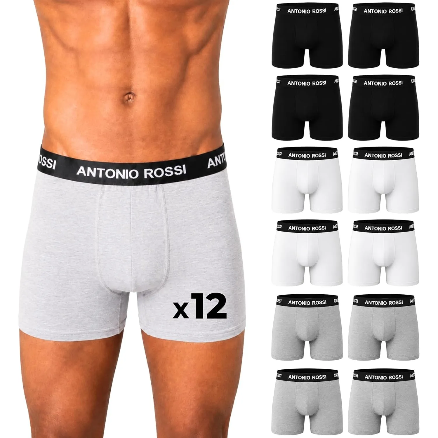 Antonio Rossi 12er-Pack Boxershorts Herren Baumwolle, Stretch-Bund