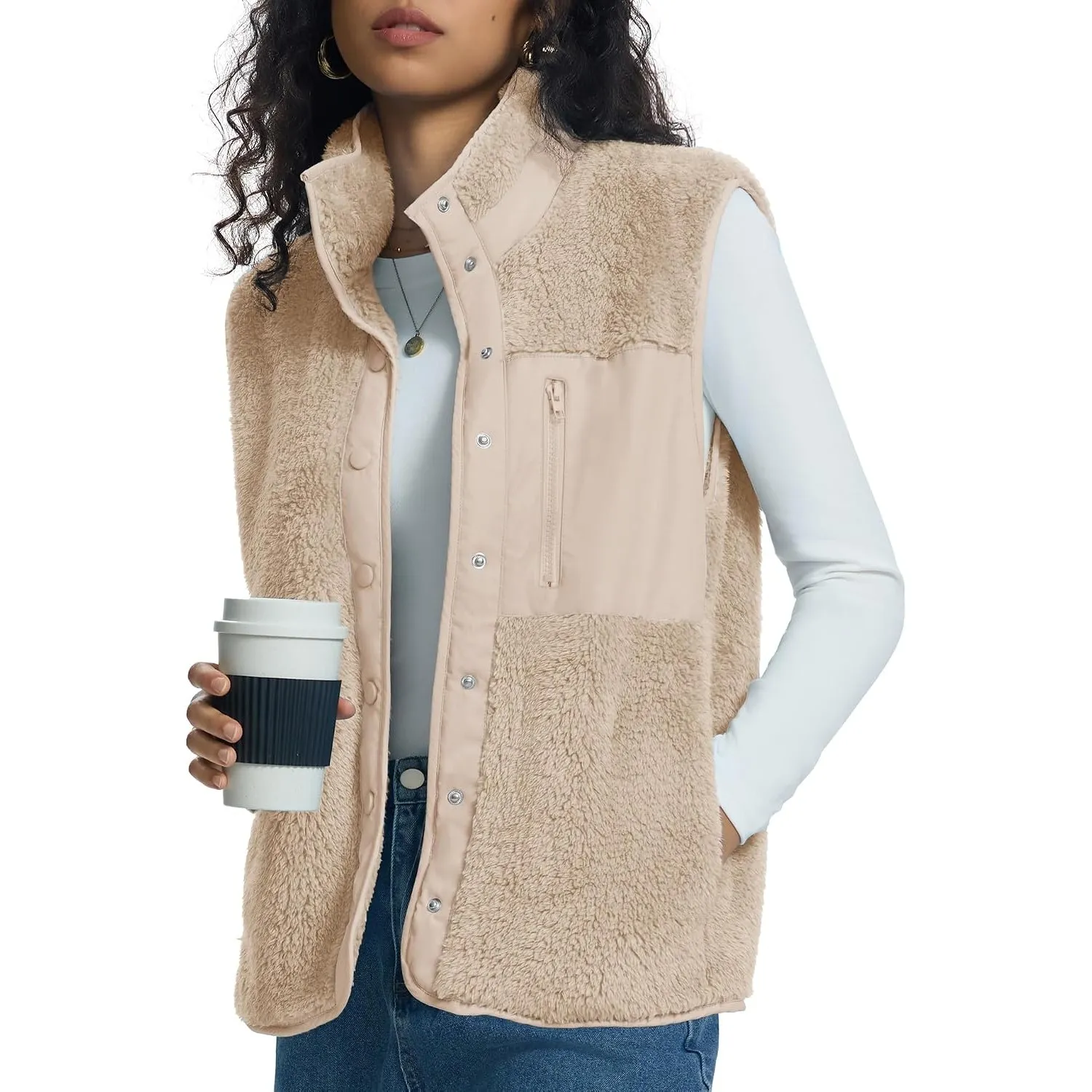 Kistore Teddy Fleece Weste Damen Ärmellose Weste Stehkragen Teddyjacke S-XL