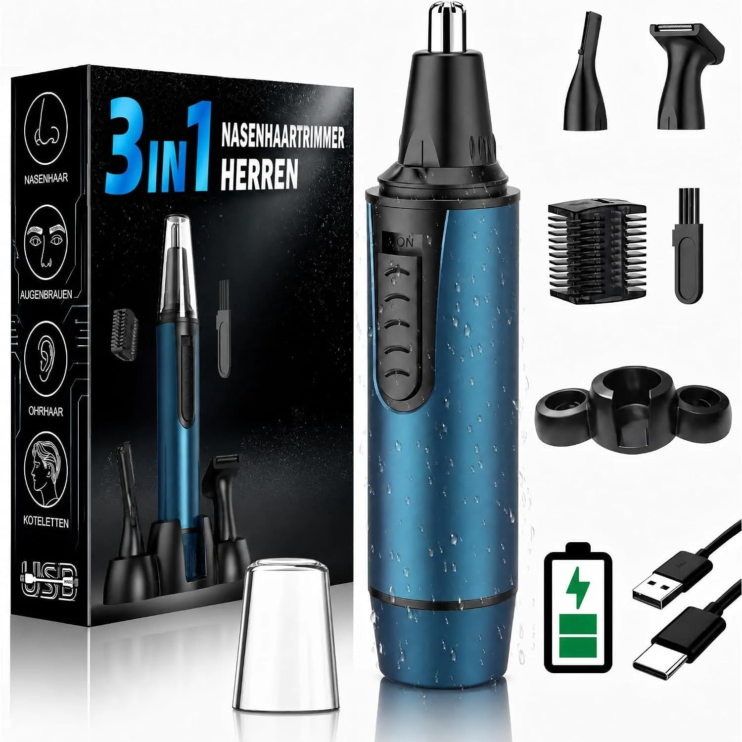 Nasenhaartrimmer Herren, USB Wiederaufladbar Nasenhaarschneider 3 in 1 Set Ohrhaarschneider mit Doppelschneideklingen, …