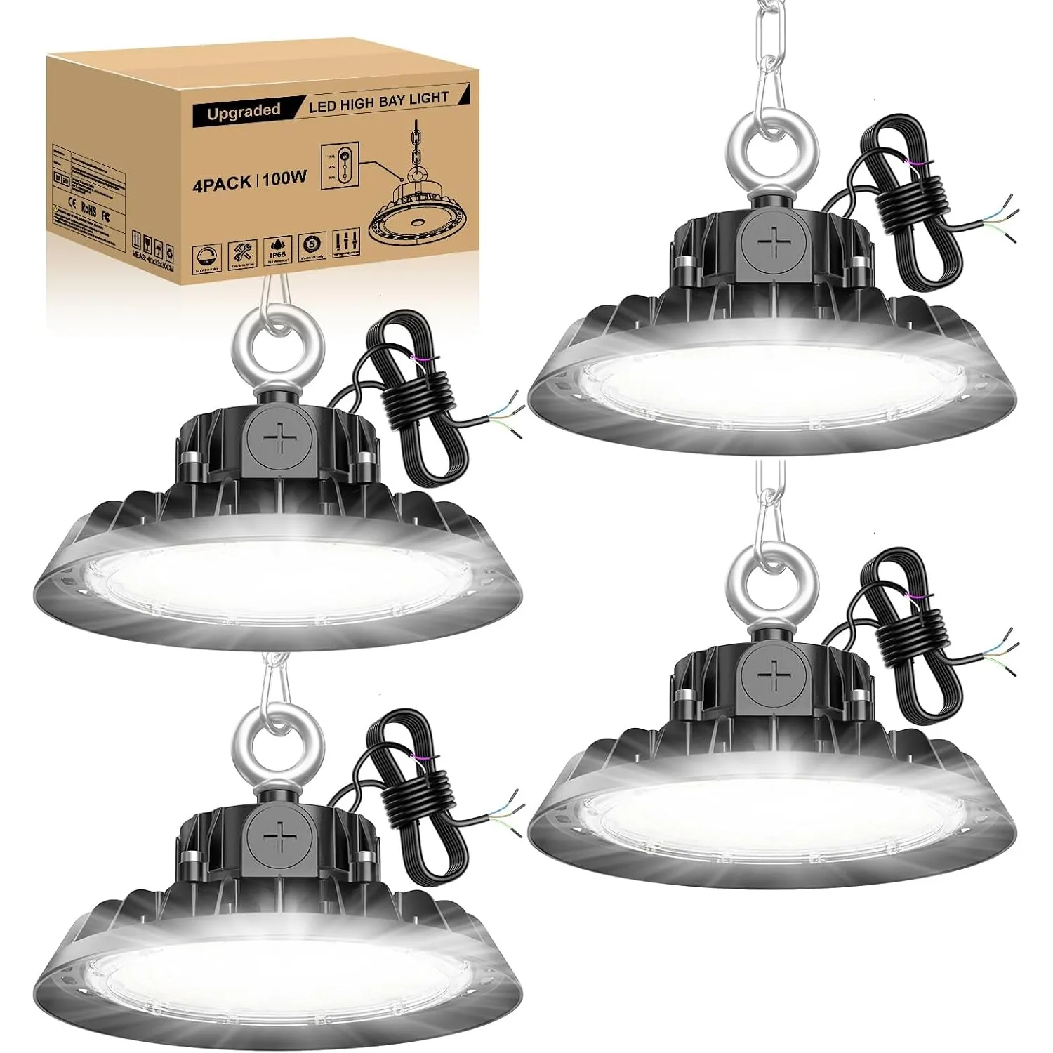 UFO 4 Stück LED Hallenstrahler 100W Treiber Dimmbare 170lm/W UFO High Bay Lampe LED 6000K Werkstattlampe 60W/80W/100W S…