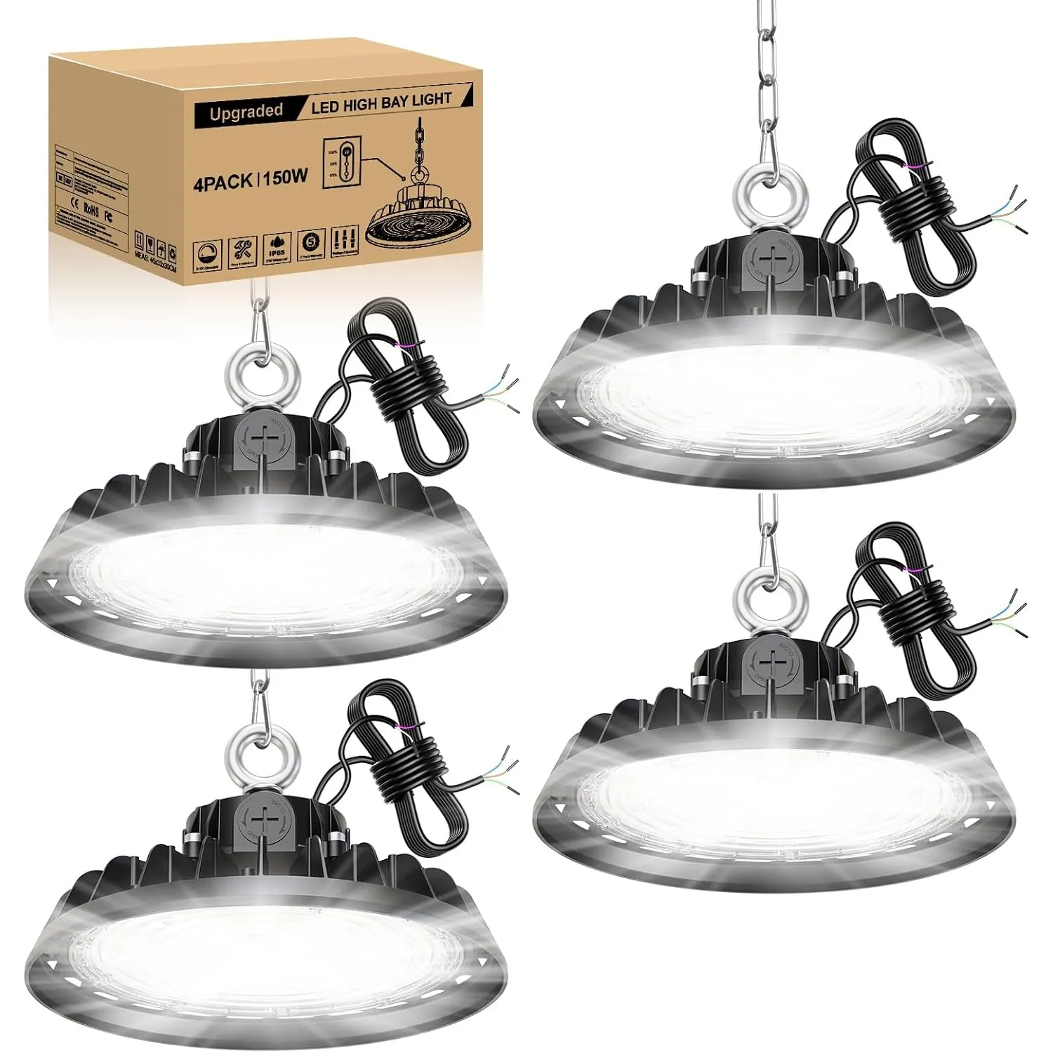 4 Stück UFO 150W LED Hallenstrahler 6000K 25500LM Dimmbare