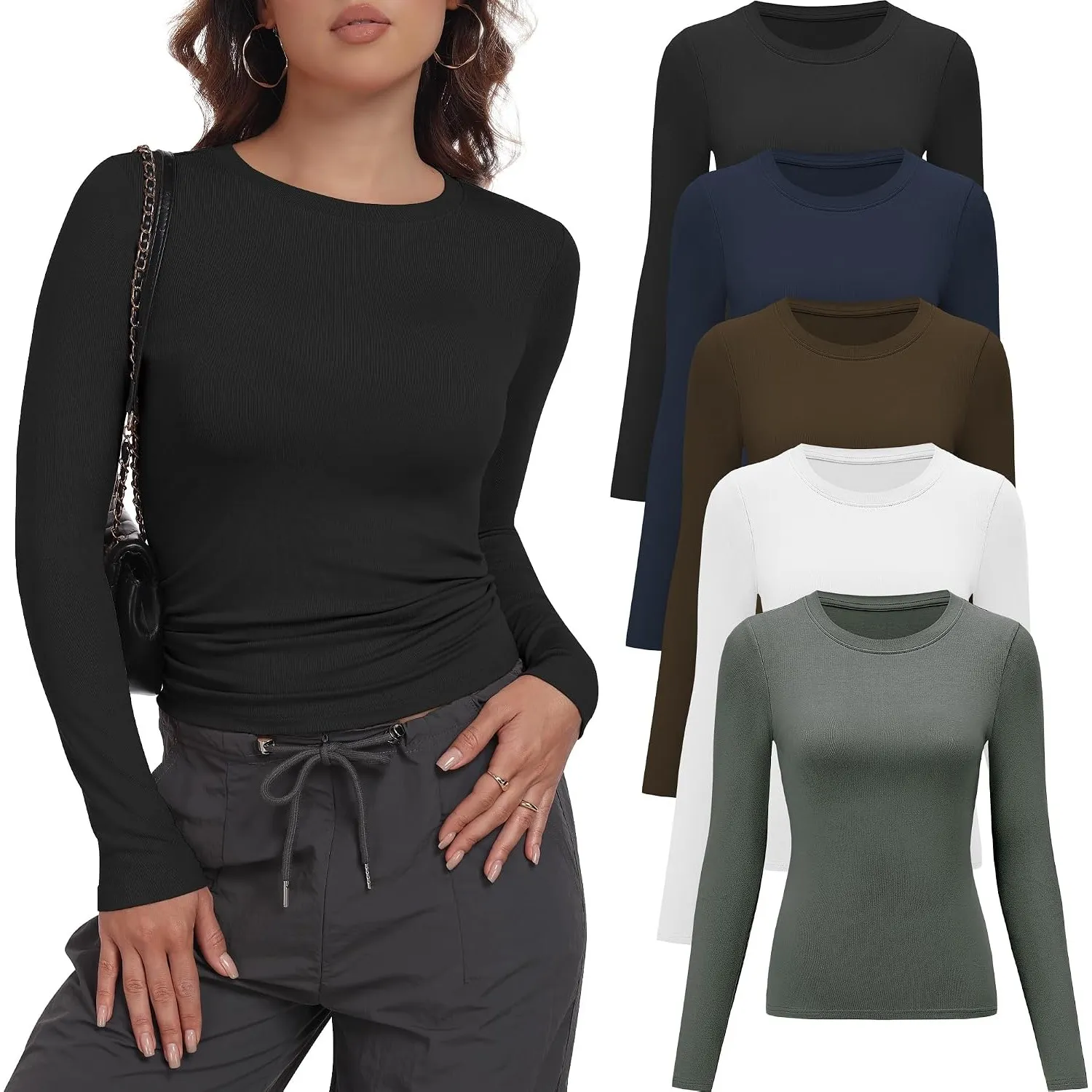 3/5er Pack Langarmshirt Damen Basic Shirts Rundhals Slim Fit