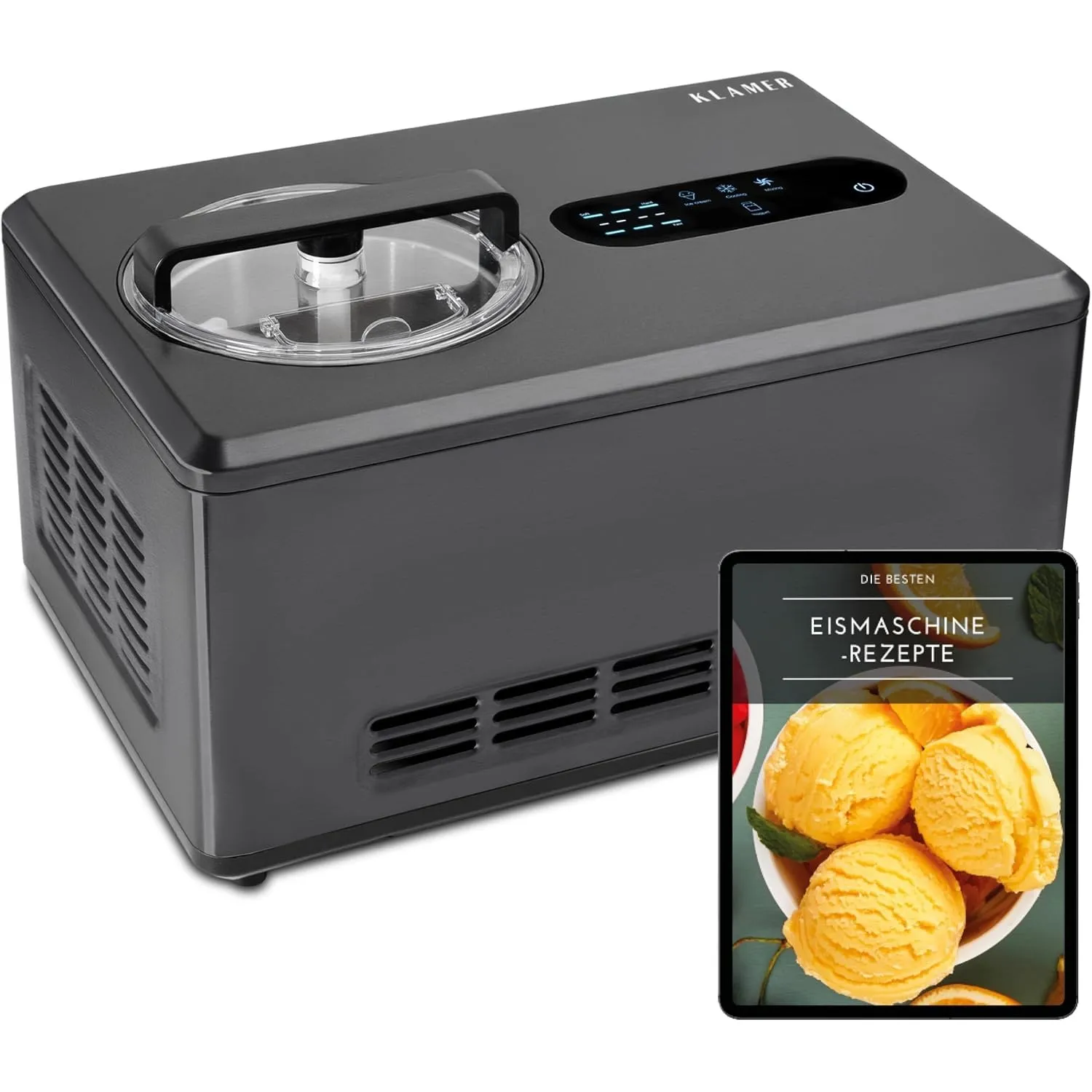KLAMER 2-in-1 Profi Eismaschine & Joghurtbereiter 2 L, 220 W Eiscreme | Edelstahlgerät mit Kühl-/Heizfunktion, hausgema…