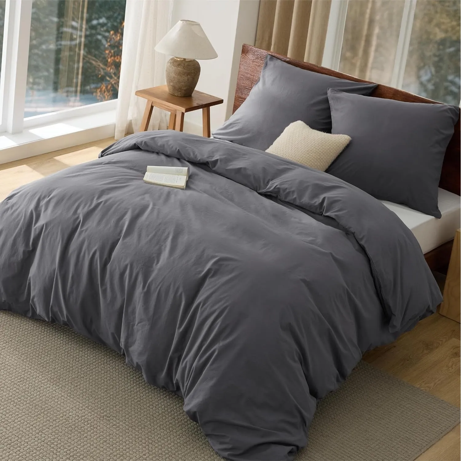 BEDSURE Bettwäsche 155x220 Baumwolle 3teilig - Sommer Bettwäsche-Sets Anthrazit Bettbezug mit 2 Kissenbezüge 80x80 cm, …