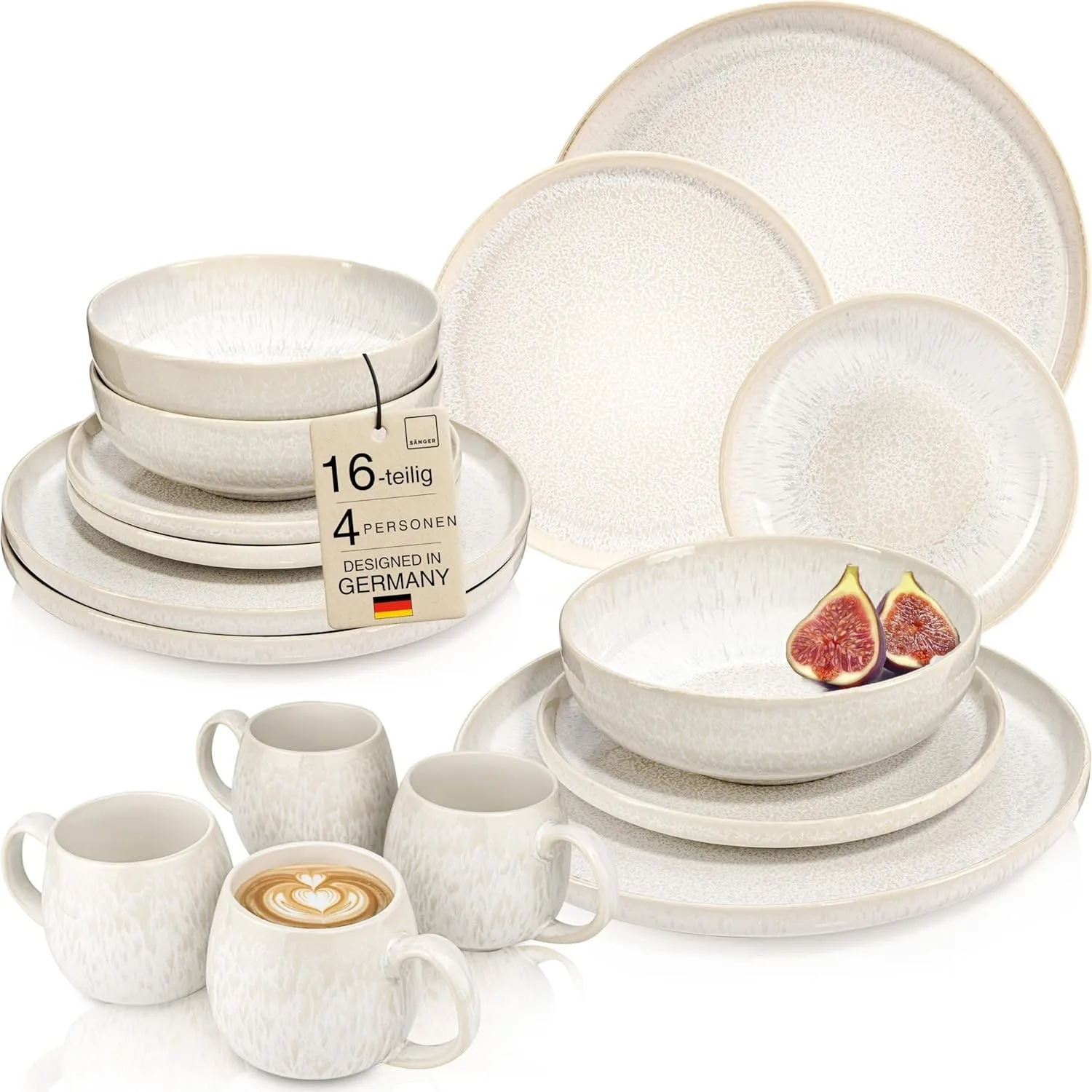 SÄNGER Korfu Geschirrset 4 Personen, Teller Set 16-tlg, Creme, Beige
