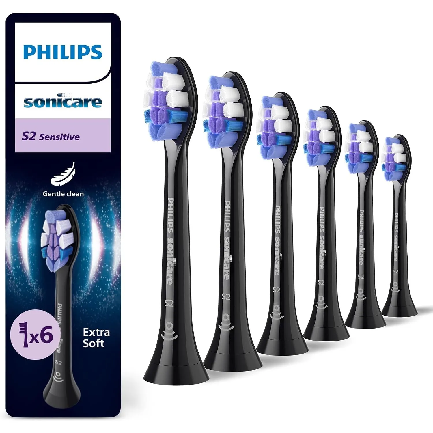 Philips Sonicare S2 Sensitive, Original-Ersatzbürstenköpfe, Schwarz, 6er-Pack, HX6056/88