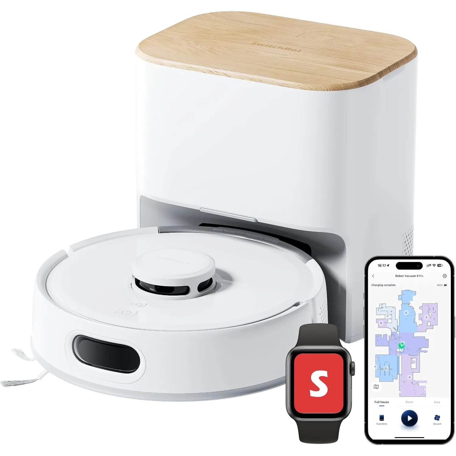 SwitchBot K11+ Saugerroboter mit Mopp, 6000Pa Saugkraft, 90 Tage Staubauffang, Selbstentleerung, LDS Smarte Kartierung,…