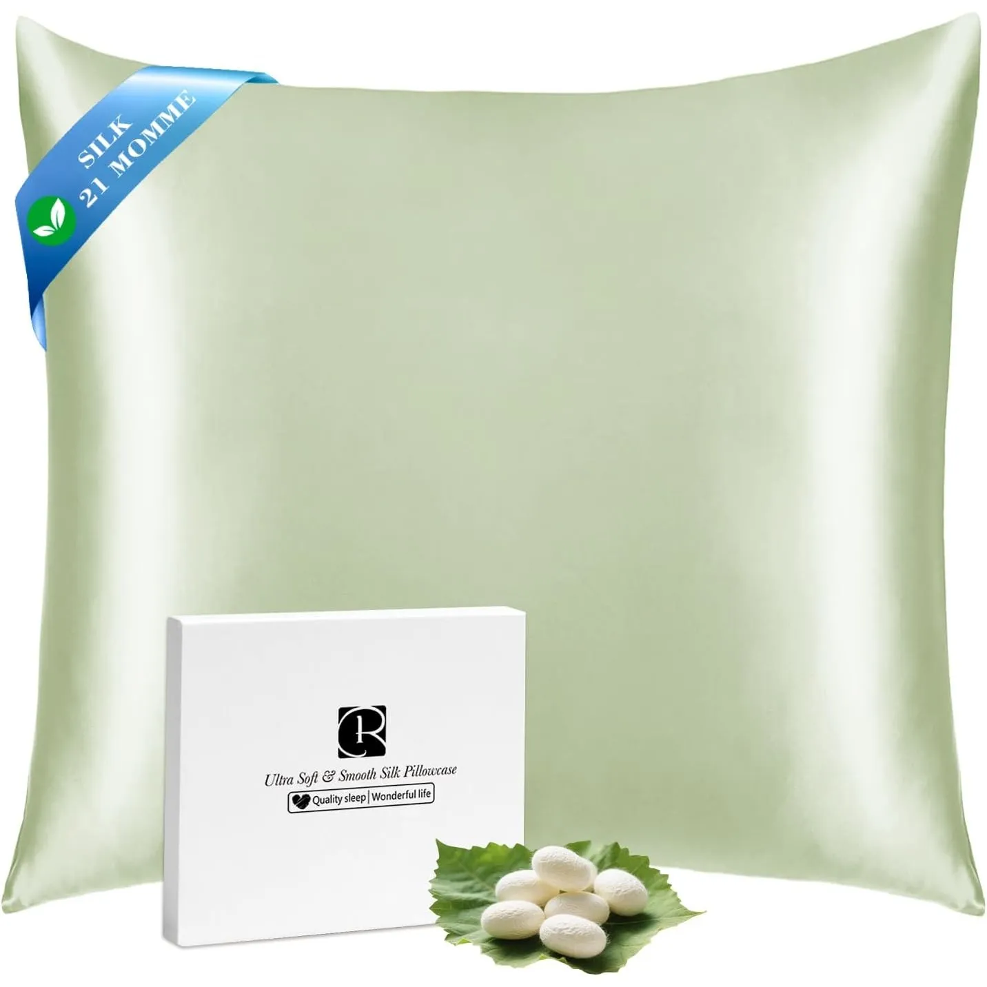 Ravmix Seidenkissenbezug 80x80 Maulbeerseide, für Haar & Haut, Bohnengrün | Silk Pillowcase mit verstecktem Reißverschl…