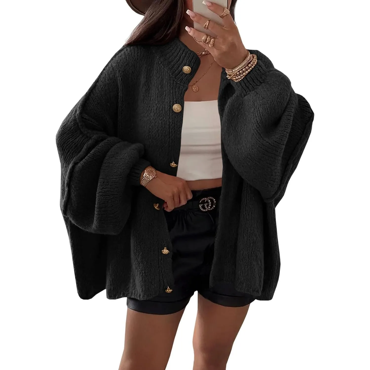 Saodimallsu Strickjacke Damen Kurz Laternenärmel Cardigan Winter