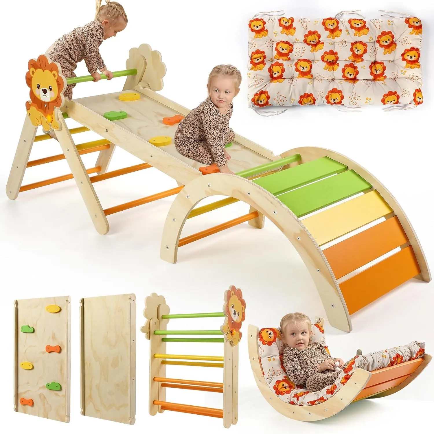 7-in-1 Montessori Kletterdreieck Set mit Rutsche, Kletterbogen & weichem Kissen – Holz Klettergerüst für Babys & Kleink…