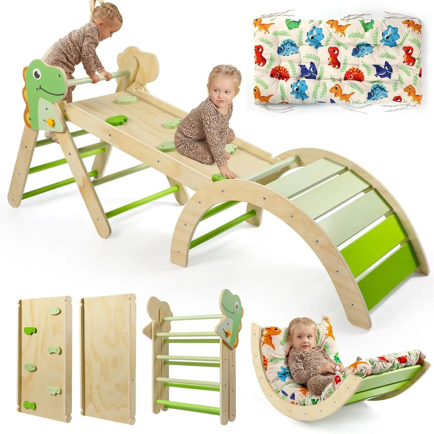 7-in-1 Montessori Kletterdreieck Set mit Rutsche, Kletterbogen & weichem Kissen – Holz Klettergerüst für Babys & Kleink…