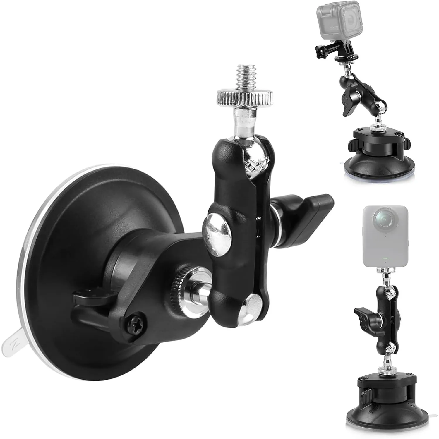 PULUZ 6,35 mm (1/4 Zoll) Arm-Saugnapfhalterung mit Zwei Kugelköpfen für GoPro Hero 13, 12, 11, 10, 9, 360° drehbar, Win…