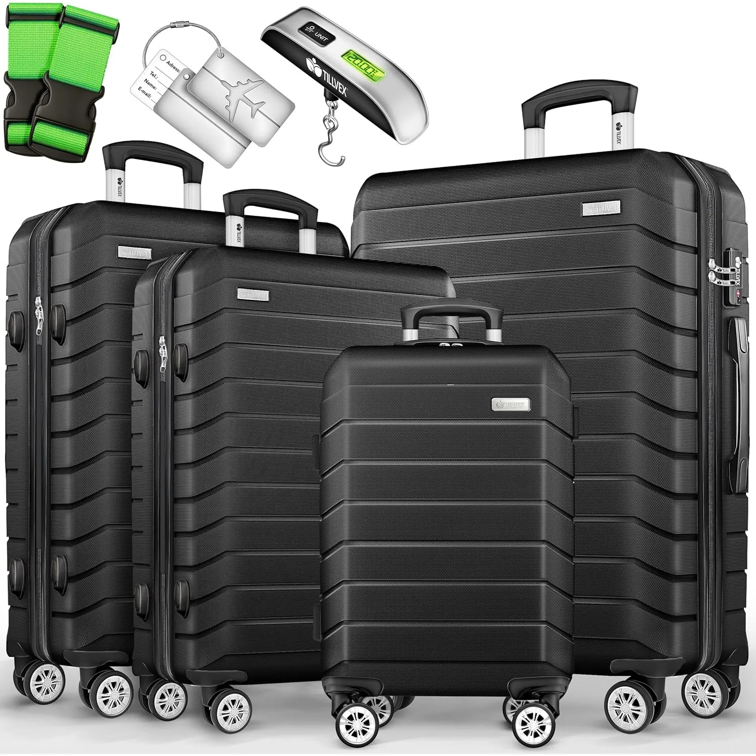 tillvex® Kofferset 4-teilig + Gepäckwaage, 4X Koffergurte & 4X Anhänger
