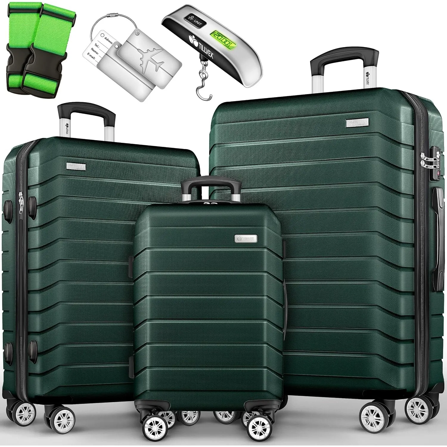 tillvex® Kofferset 3-teilig + Gepäckwaage, 2X Koffergurte & 3X Anhänger